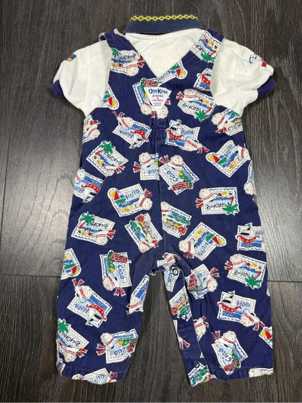 Vintage OshKosh B'gosh Navy Travel Stamp Printed Overalls